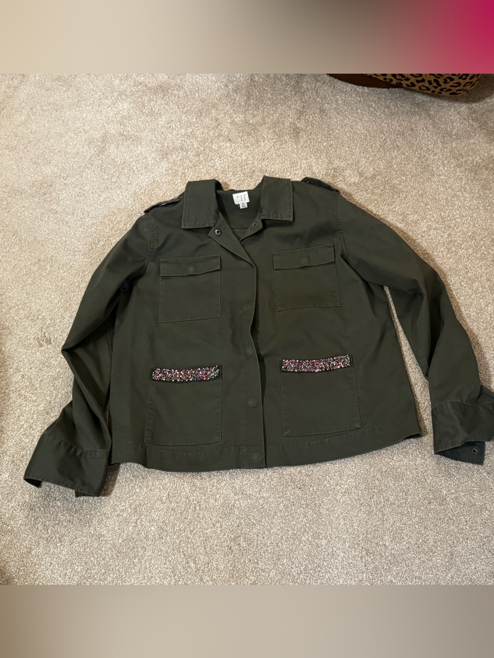 A New Day Olive Green Jean Jacket with Beaded Pocket Trim